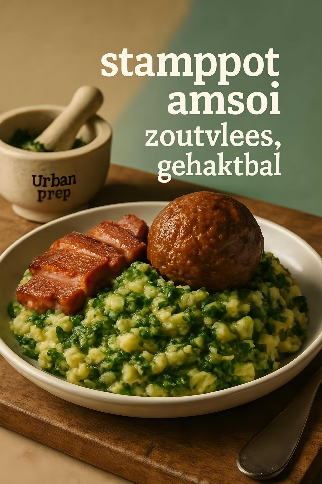 Stamppot amsoi met zoutvlees en gehaktbal